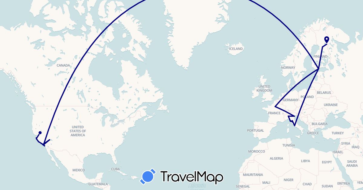 TravelMap itinerary: driving in Finland, France, Italy, United States (Europe, North America)